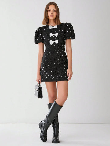 Enchnt Women's Summer Elegant Bowknot Pearl Decor Puff Sleeve Dress