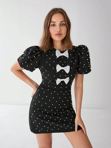 Enchnt Women's Summer Elegant Bowknot Pearl Decor Puff Sleeve Dress
