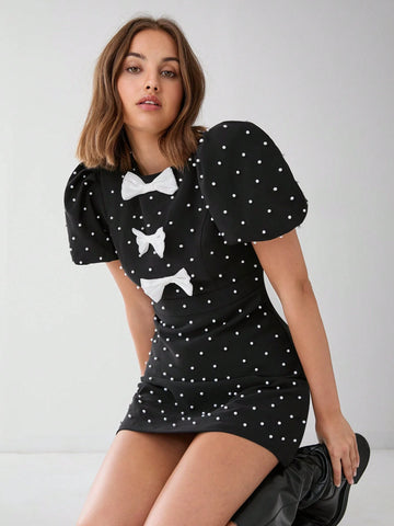 Enchnt Women's Summer Elegant Bowknot Pearl Decor Puff Sleeve Dress