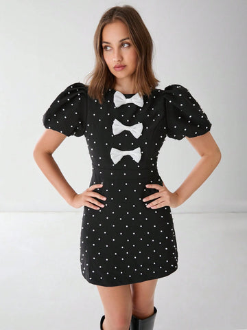 Enchnt Women's Summer Elegant Bowknot Pearl Decor Puff Sleeve Dress