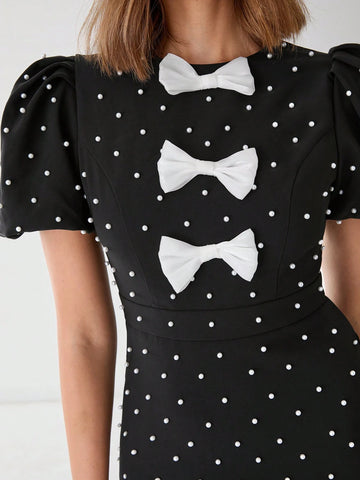 Enchnt Women's Summer Elegant Bowknot Pearl Decor Puff Sleeve Dress