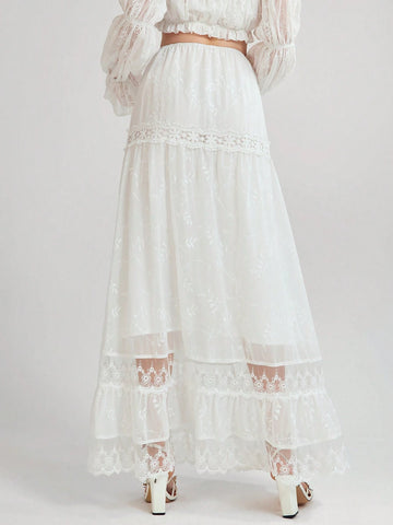 Enchnt Women's Summer Elegant Solid Color Embroidered Extra Long Skirt