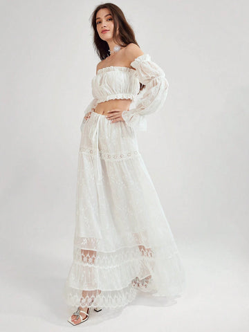 Enchnt Women's Summer Elegant Solid Color Embroidered Extra Long Skirt