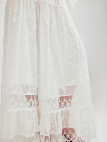 Enchnt Women's Summer Elegant Solid Color Embroidered Extra Long Skirt