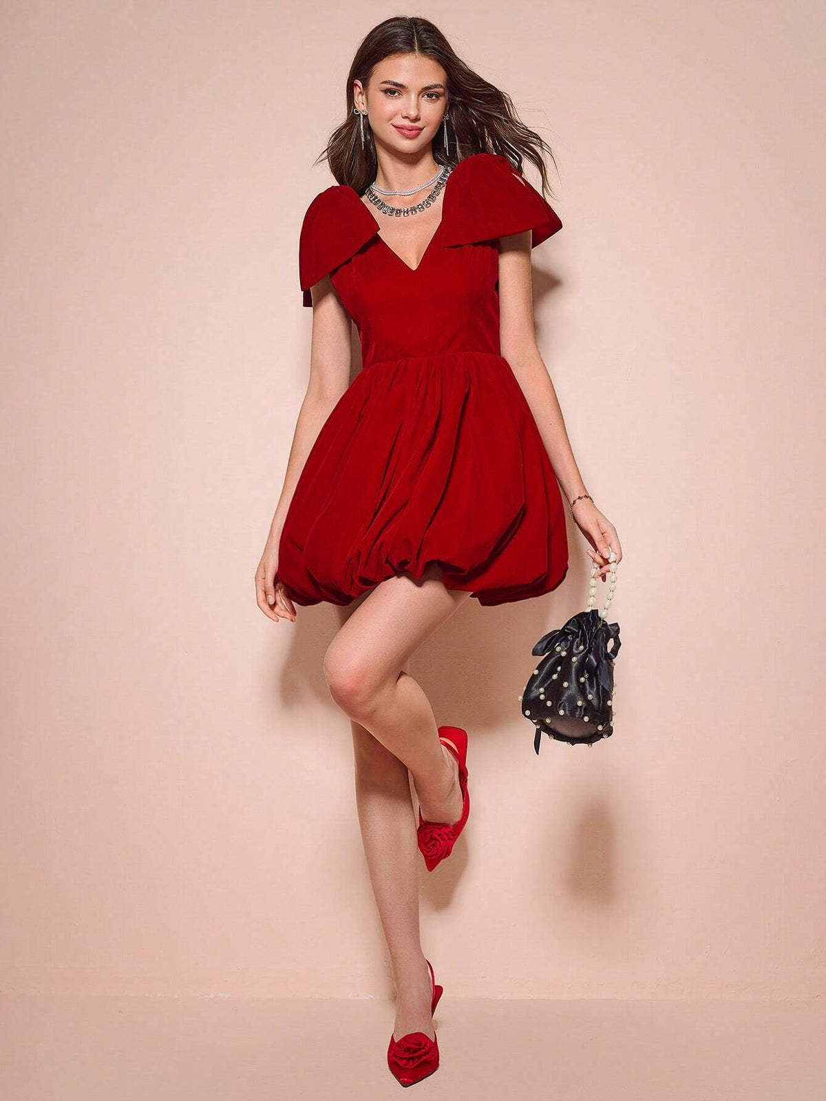 Enchnt Women's V-Neck Red Big Bow Bubble Hem Short Dress, Christmas Dress, Sexy Dress, Party Dress,Christmas Dress, Sexy Dress, Party Dress,Fall Winter Dress