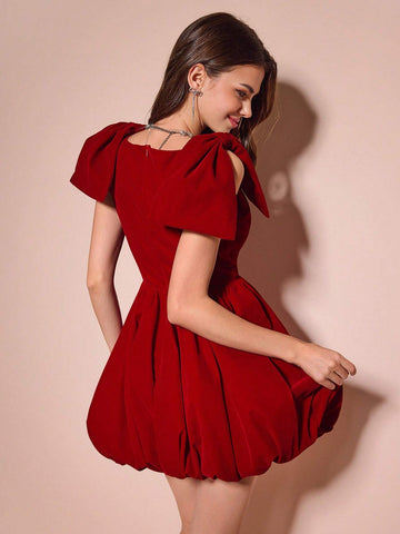 Enchnt Women's V-Neck Red Big Bow Bubble Hem Short Dress, Christmas Dress, Sexy Dress, Party Dress,Christmas Dress, Sexy Dress, Party Dress,Fall Winter Dress