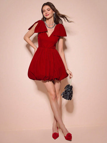 Enchnt Women's V-Neck Red Big Bow Bubble Hem Short Dress, Christmas Dress, Sexy Dress, Party Dress,Christmas Dress, Sexy Dress, Party Dress,Fall Winter Dress