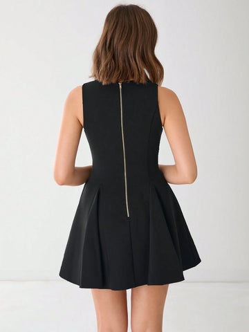 Enchnt Women's V-Neck Sleeveless Fashionable Double Breasted Design Fitted Elegant Dress,Fall Women Dress,Winter Women Dress