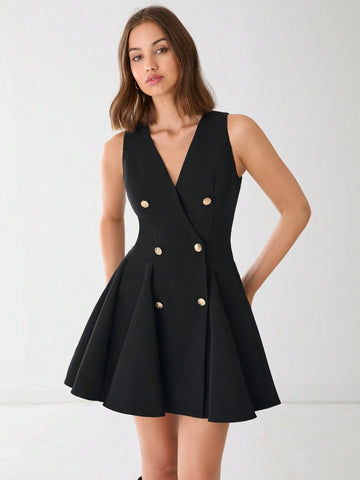 Enchnt Women's V-Neck Sleeveless Fashionable Double Breasted Design Fitted Elegant Dress,Fall Women Dress,Winter Women Dress