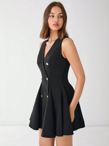 Enchnt Women's V-Neck Sleeveless Fashionable Double Breasted Design Fitted Elegant Dress,Fall Women Dress,Winter Women Dress