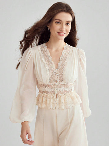 Enchnt Women's V-Neck Solid Color Lace Patchwork Long Sleeve Shirt, Summer