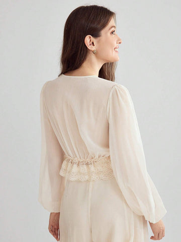 Enchnt Women's V-Neck Solid Color Lace Patchwork Long Sleeve Shirt, Summer