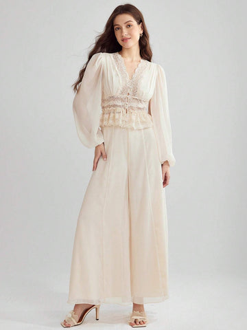 Enchnt Women's V-Neck Solid Color Lace Patchwork Long Sleeve Shirt, Summer