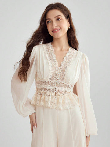 Enchnt Women's V-Neck Solid Color Lace Patchwork Long Sleeve Shirt, Summer