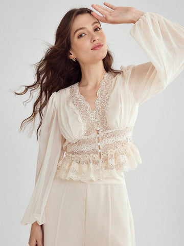 Enchnt Women's V-Neck Solid Color Lace Patchwork Long Sleeve Shirt, Summer