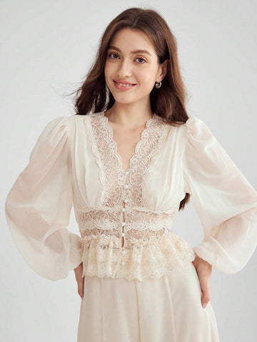 Enchnt Women's V-Neck Solid Color Lace Patchwork Long Sleeve Shirt, Summer