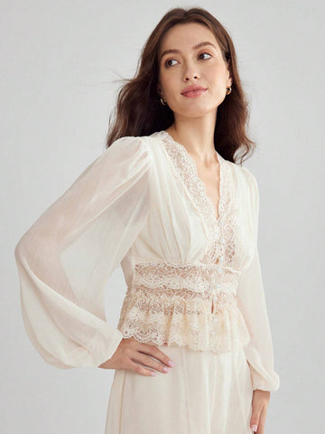 Enchnt Women's V-Neck Solid Color Lace Patchwork Long Sleeve Shirt, Summer