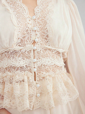 Enchnt Women's V-Neck Solid Color Lace Patchwork Long Sleeve Shirt, Summer