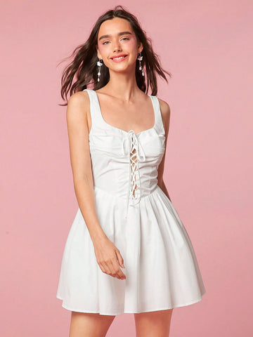 Enchnt Women's White Cute Holiday Summer Lace Up A Line Mini Tutu Skirt For Graduation Party
