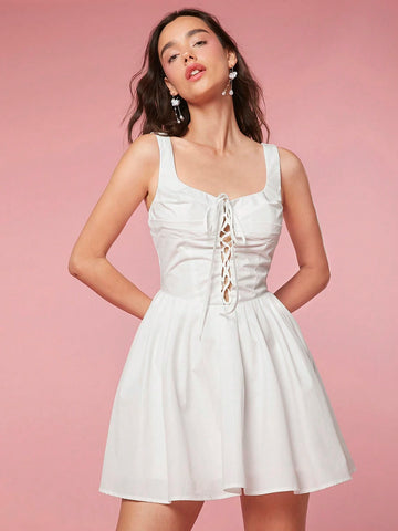 Enchnt Women's White Cute Holiday Summer Lace Up A Line Mini Tutu Skirt For Graduation Party