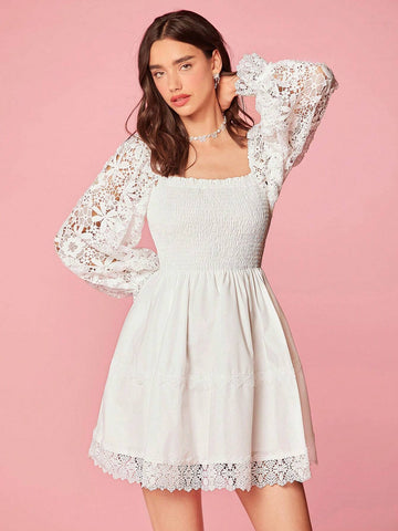 Enchnt Women's White Cute Summer Holiday Solid Color Simple Daily Lace Decorated Embroidery Lace Romantic Dress
