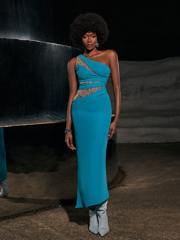 Enid One Shoulder Rhinestone Maxi Dress