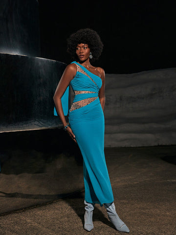 Enid One Shoulder Rhinestone Maxi Dress