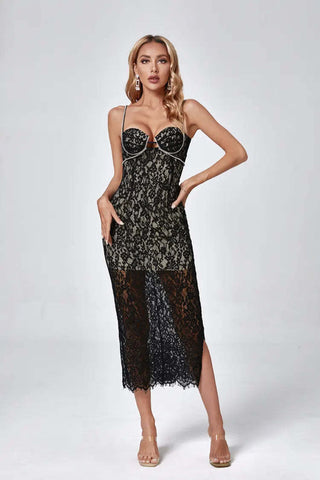 Esther Black Lace Diamante Maxi Dress