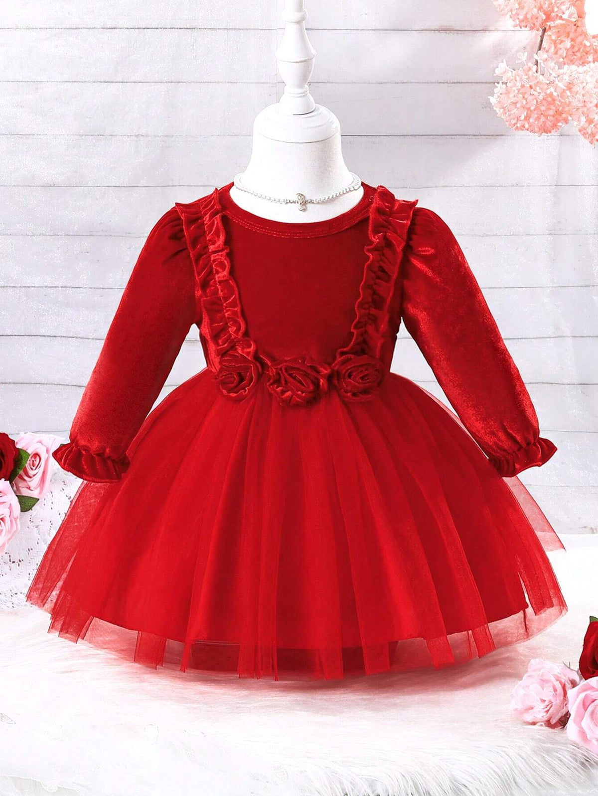 Europe And The United States New Autumn And Winter Dress Dress Top Lantern Sleeve Three Rose Gauze Girls Dress
