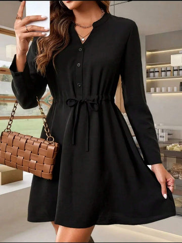 European-American Style Women Short Dress, V-Neck Long Sleeve Drawstring Waist Casual Dress, Spring Autumn Summer 2024 New Arrival
