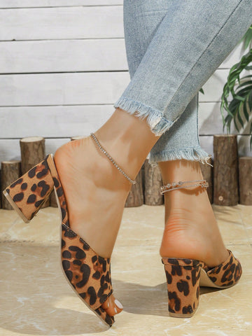 European&American Square Toe High Heel Strap Sandals, Women Fashionable Leopard Print Open Toe High Heel