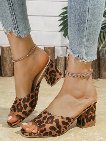 European&American Square Toe High Heel Strap Sandals, Women Fashionable Leopard Print Open Toe High Heel