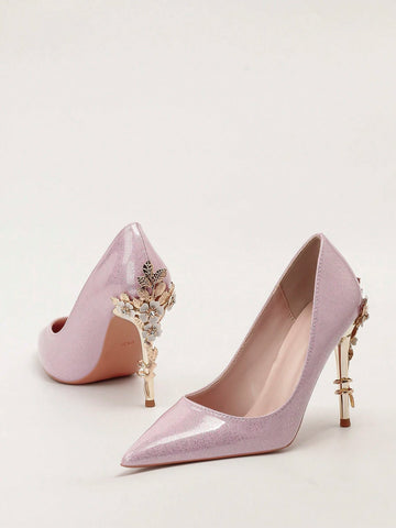 European American Style Luxury Sexy Women Shoes Fashion Metal Flower Decorated Pointed Toe Stilettos High Heels