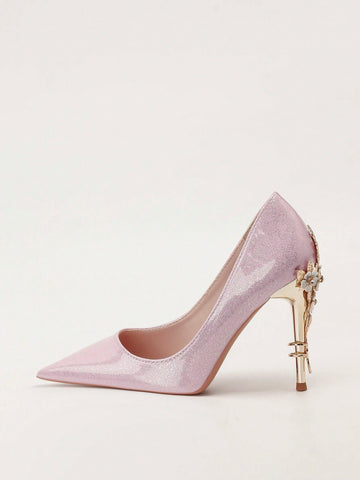 European American Style Luxury Sexy Women Shoes Fashion Metal Flower Decorated Pointed Toe Stilettos High Heels