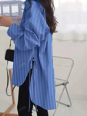 Fashion New Autumn Loose Shirt Women Casual Tie-Up Mid-Length Printed Blouse