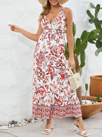 European And American Fashion Sleeveless Deep V-Neck Printed Dress