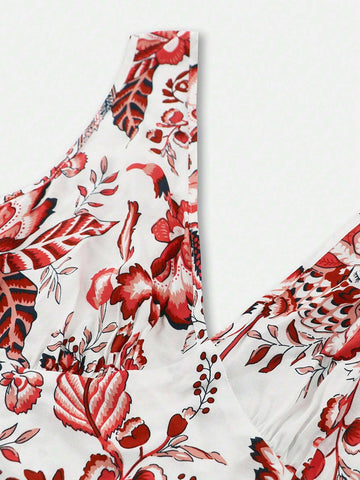 European And American Fashion Sleeveless Deep V-Neck Printed Dress