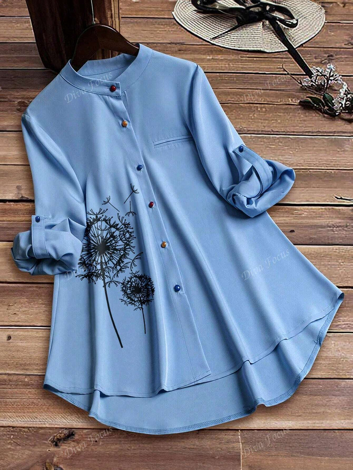 Fashionable Dandelion Print Long Sleeve Shirt