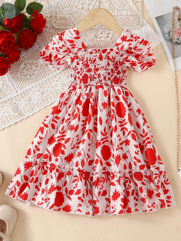 European And American Girls' Casual Leaf Print Short Sleeve Dress For Summer Outings And Holidays