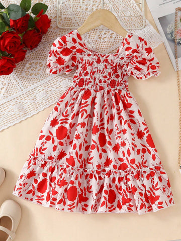 European And American Girls' Casual Leaf Print Short Sleeve Dress For Summer Outings And Holidays