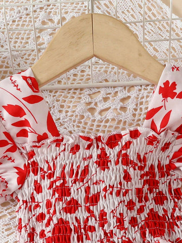 European And American Girls' Casual Leaf Print Short Sleeve Dress For Summer Outings And Holidays