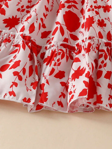 European And American Girls' Casual Leaf Print Short Sleeve Dress For Summer Outings And Holidays