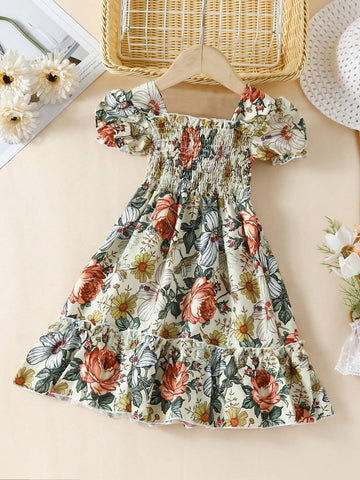 European And American Girls' Casual Summer Dress, Retro Printed Short Sleeve Princess Dress For Girls' Outing Or Vacation