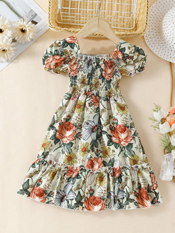 European And American Girls' Casual Summer Dress, Retro Printed Short Sleeve Princess Dress For Girls' Outing Or Vacation