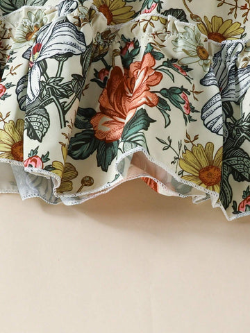 European And American Girls' Casual Summer Dress, Retro Printed Short Sleeve Princess Dress For Girls' Outing Or Vacation