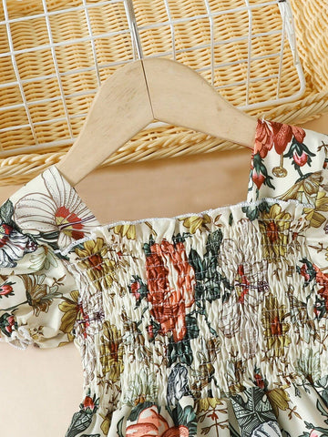 European And American Girls' Casual Summer Dress, Retro Printed Short Sleeve Princess Dress For Girls' Outing Or Vacation