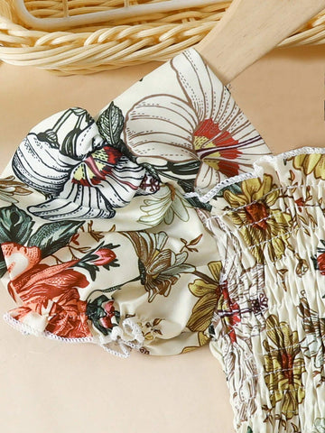 European And American Girls' Casual Summer Dress, Retro Printed Short Sleeve Princess Dress For Girls' Outing Or Vacation