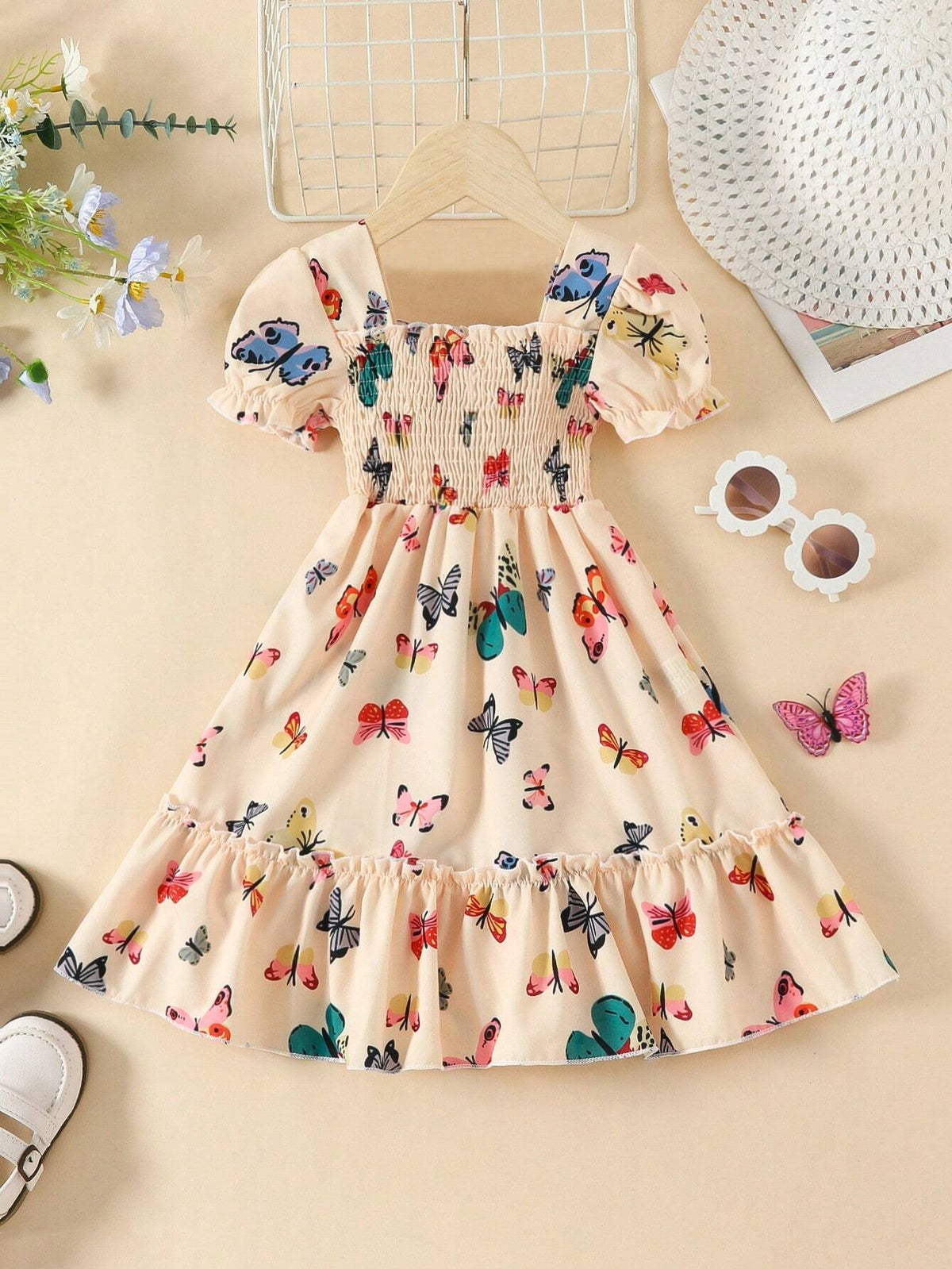 European And American Girls' Summer Casual Butterfly Printed Short Sleeve Dress, Thin Princess Dress For Outings And Vacations