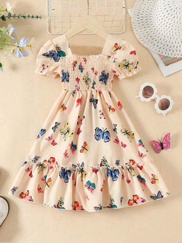 European And American Girls' Summer Casual Butterfly Printed Short Sleeve Dress, Thin Princess Dress For Outings And Vacations