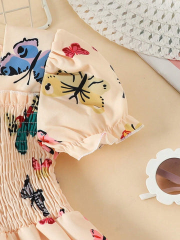 European And American Girls' Summer Casual Butterfly Printed Short Sleeve Dress, Thin Princess Dress For Outings And Vacations